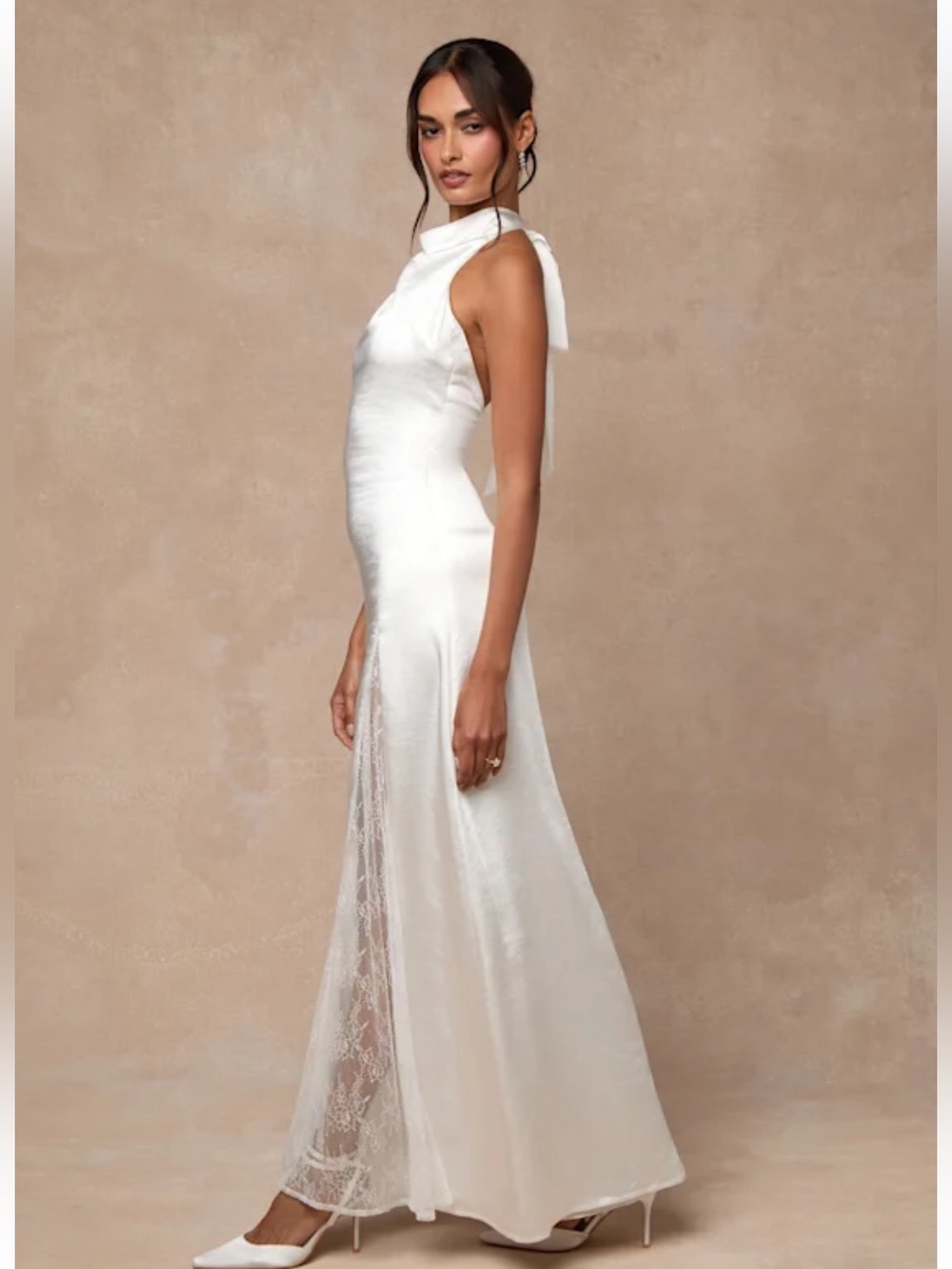 NWT Lulus Concetta Ivory Satin Lace Halter Maxi Dress